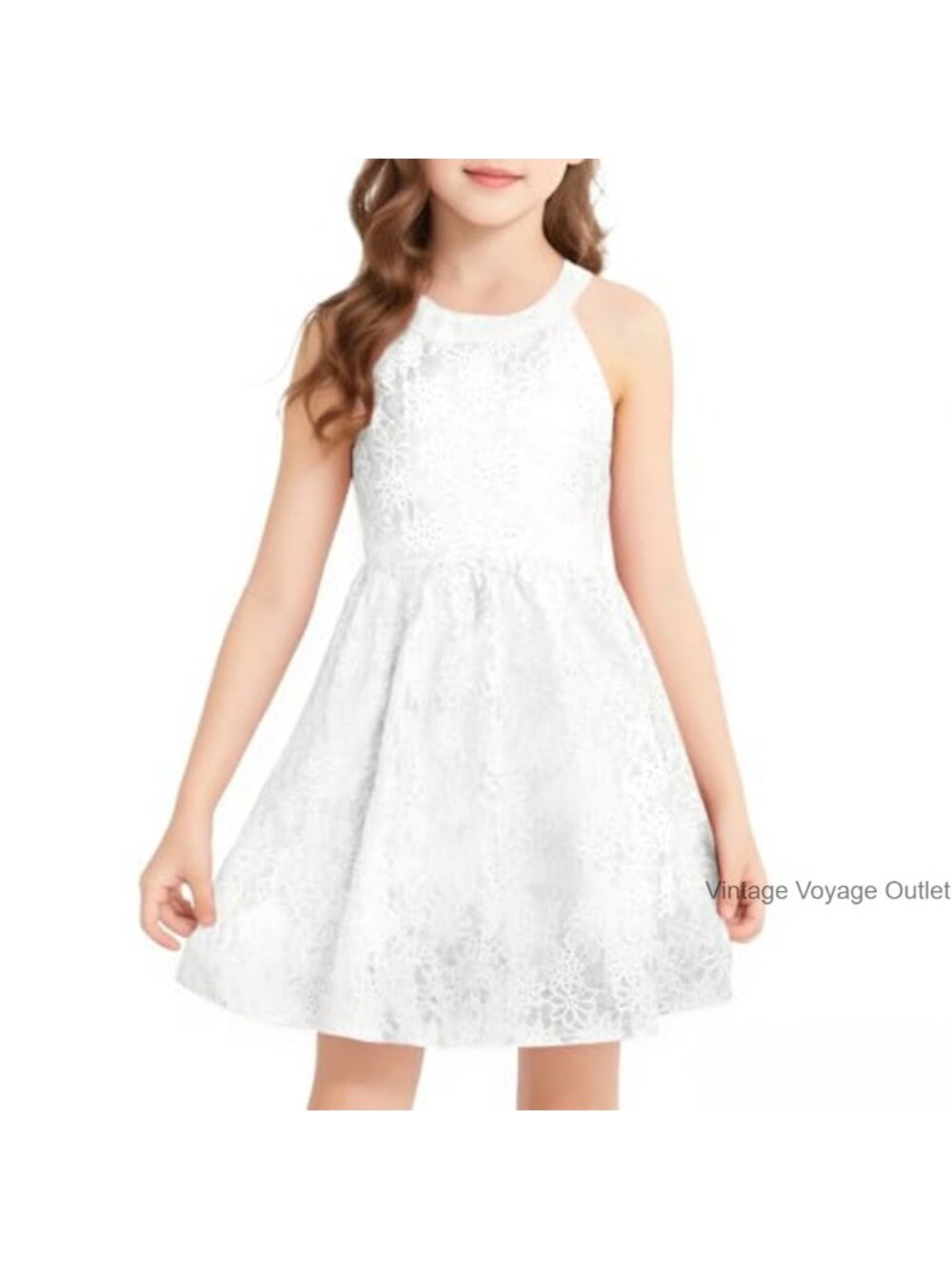 Girls Halter Neck Sleeveless A-Line Flared Swing Dress Lace Party Casual